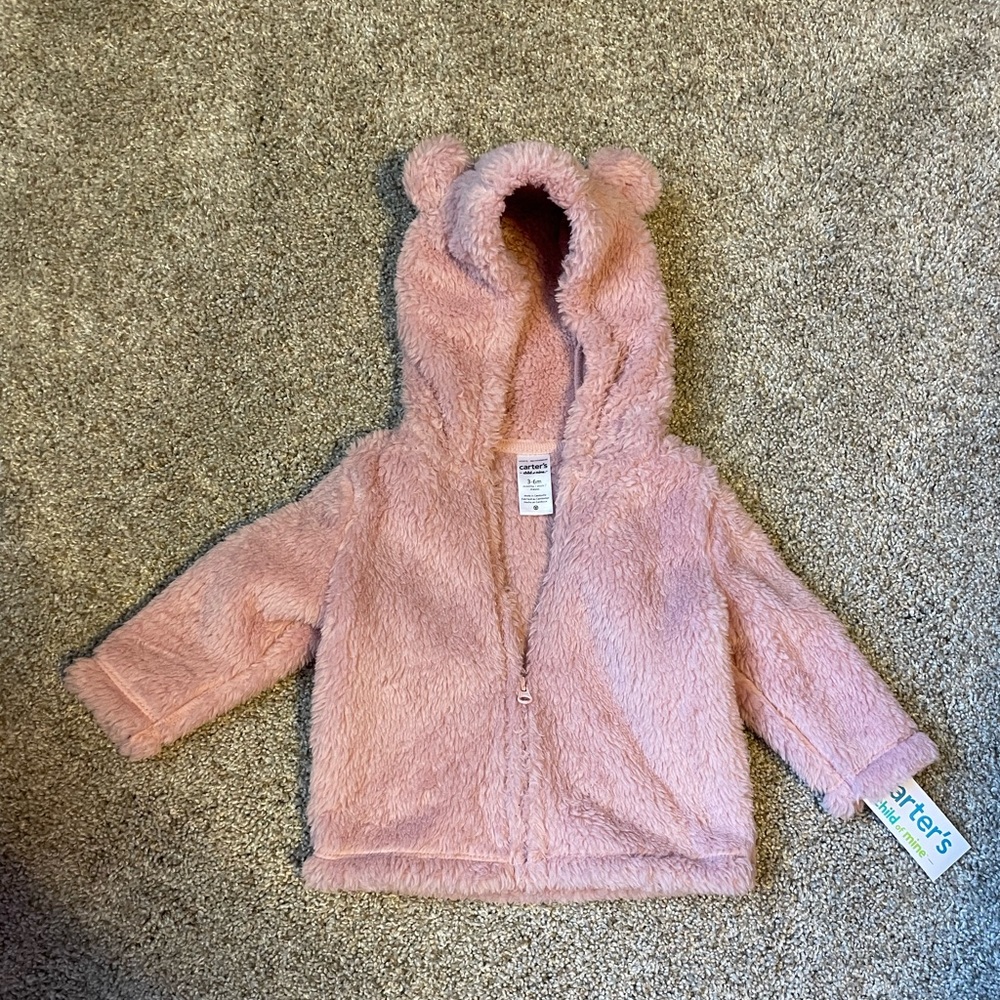 NWT Carter’s pink Sherpa-fleece 3-6mo baby jacket with hood with bear ears